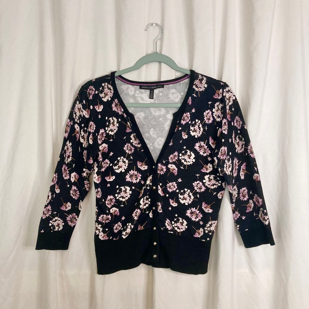 Cottagecore Black Floral Snap Front Cardigan White House Black Market M Career